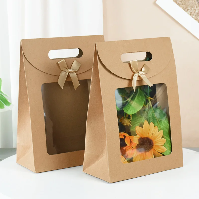 2pcs Kraft Paper Portable Gift Bags Multi-Size Candy Gift Packaging Box with Clear Window Wedding Favors Birthday Party Supplies