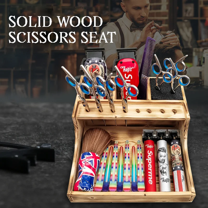 

Multifunctional Sold Wood Scissors Seat Wood Barber Tools Holder Hair Large Capacity Shaving Tool Storage Tray