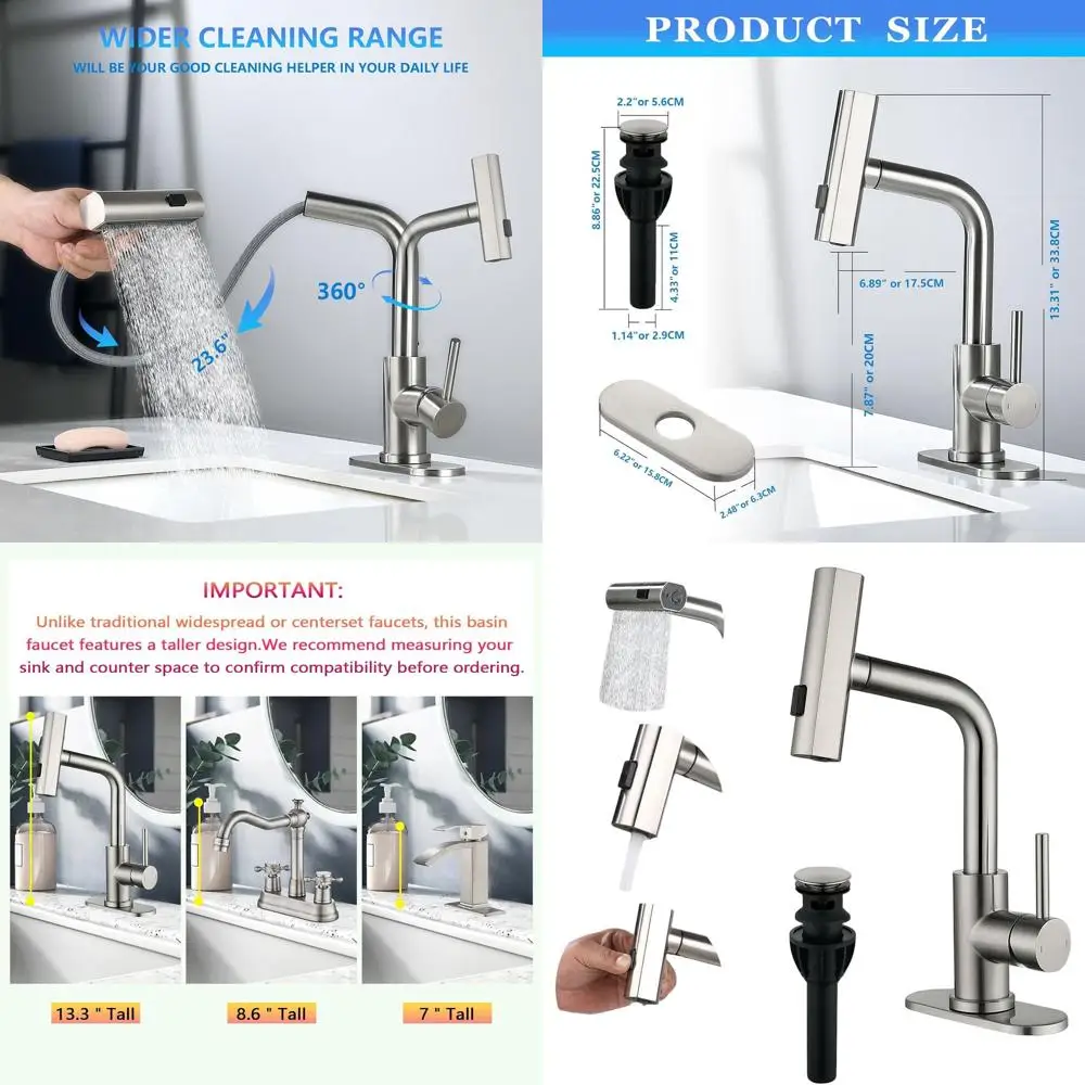 

Modern Single Handle Pull-Down Spray Faucet with 3 Modes, Brushed Nickel, 1 Hole for RV, Bar, Restroom, and Vanity Sinks