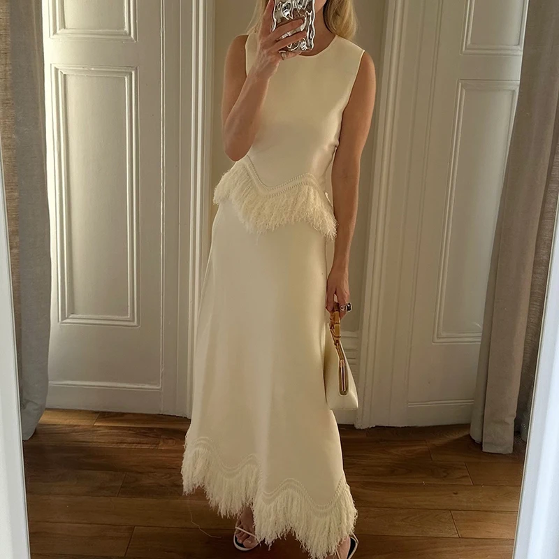 

Women Spring Summer Commute Suit Elegant O Neck Sleeveless Tank Top & Long Skirt Two Piece Set Sexy Tassel Patchwork Slim Outfit