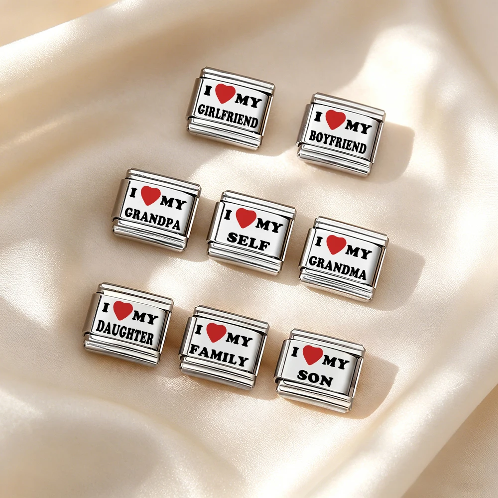 Laser-Gravur Italienische Charms für Frauen und Männer 'I Luv My Family' 9mm Edelstahl-Perlen DIY Armband-Herstellung Trendiger Schmuck Geschenke – Detail 5