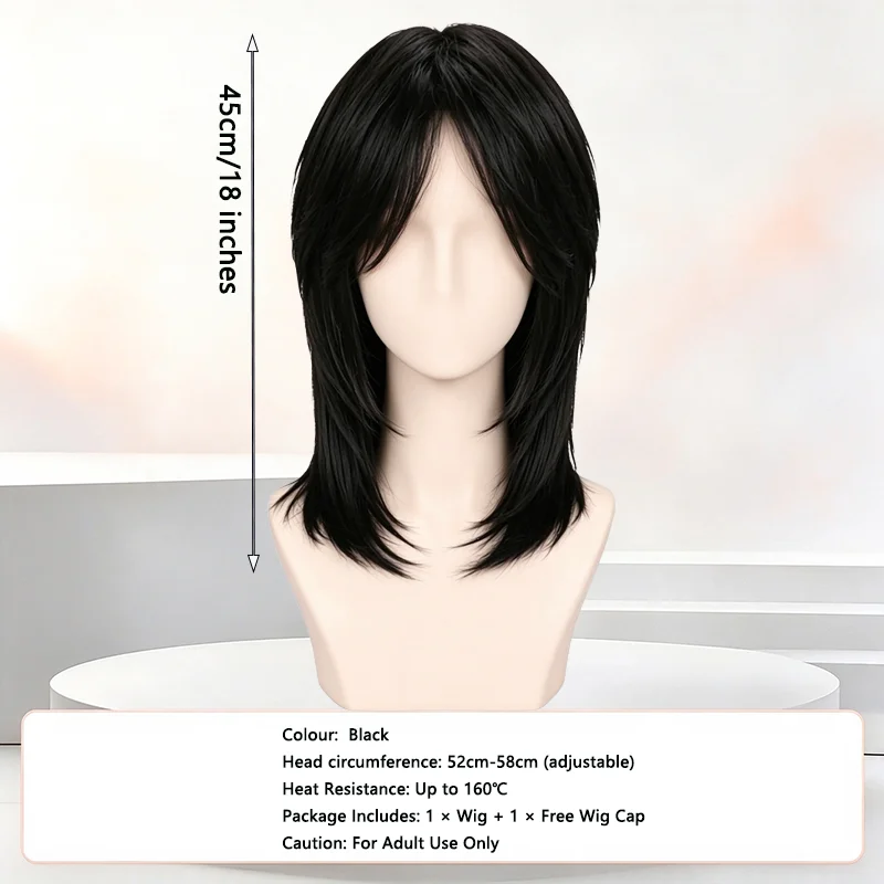Men's Vintage Mullet Wolf Cut Wig Black Middle Part Layered Hair Heat Resistant Synthetic Wig for Women Cosplay Party Daily Wear