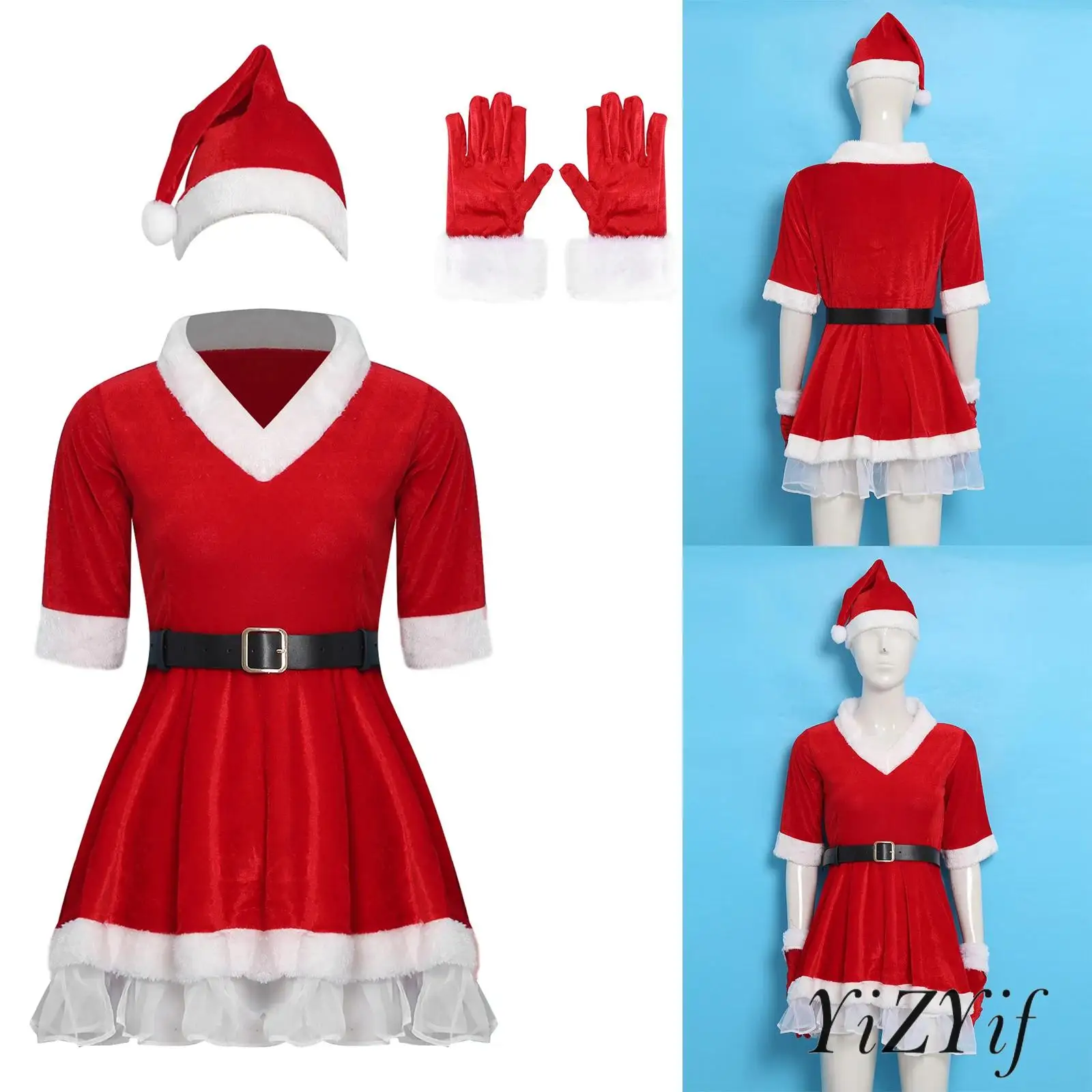 Conjunto de Navidad para mujer, vestido de tela de terciopelo y cinturón ajustable, guantes, sombrero, conjunto para fiesta festiva de vestir navideña