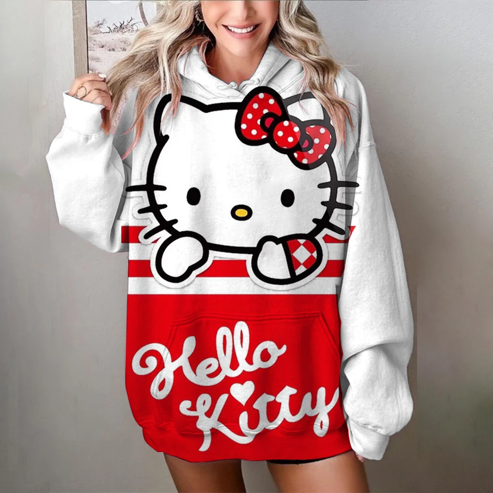 Cartoon simple pink Cute Hello Kitty print unique top women\'s trendy retro classic y2k campus style commuter sweatshirt