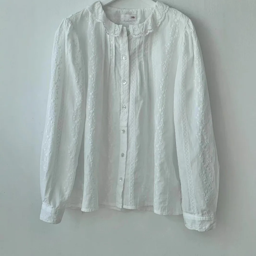 Women's White Eyelet Embroidered Blouse with Lace Ruffled Collar, Vintage Long Sleeve Button-Down Shirt ﻿ view 2