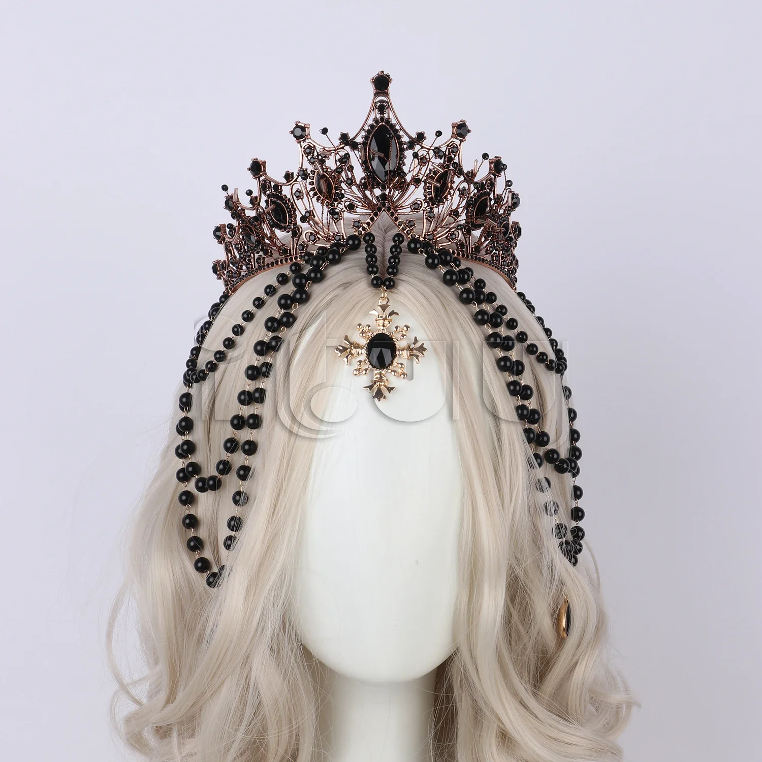 Lolita Gorgeous Vintage Mary Baroque Tiara Black Bead Chain Goddess Sun Bride KC Crown Halloween Cosplay Headwear