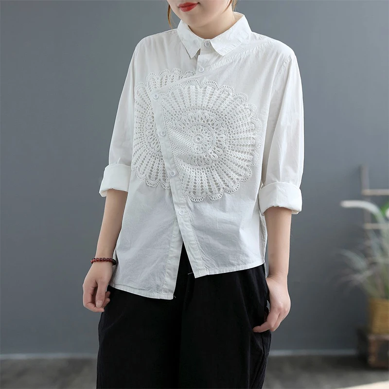 2022 Spring New Arts Style Women Long Sleeve Loose Shirt Dissymmetry Single-breasted Vintage Embroidery Cotton Linen Shirts V864