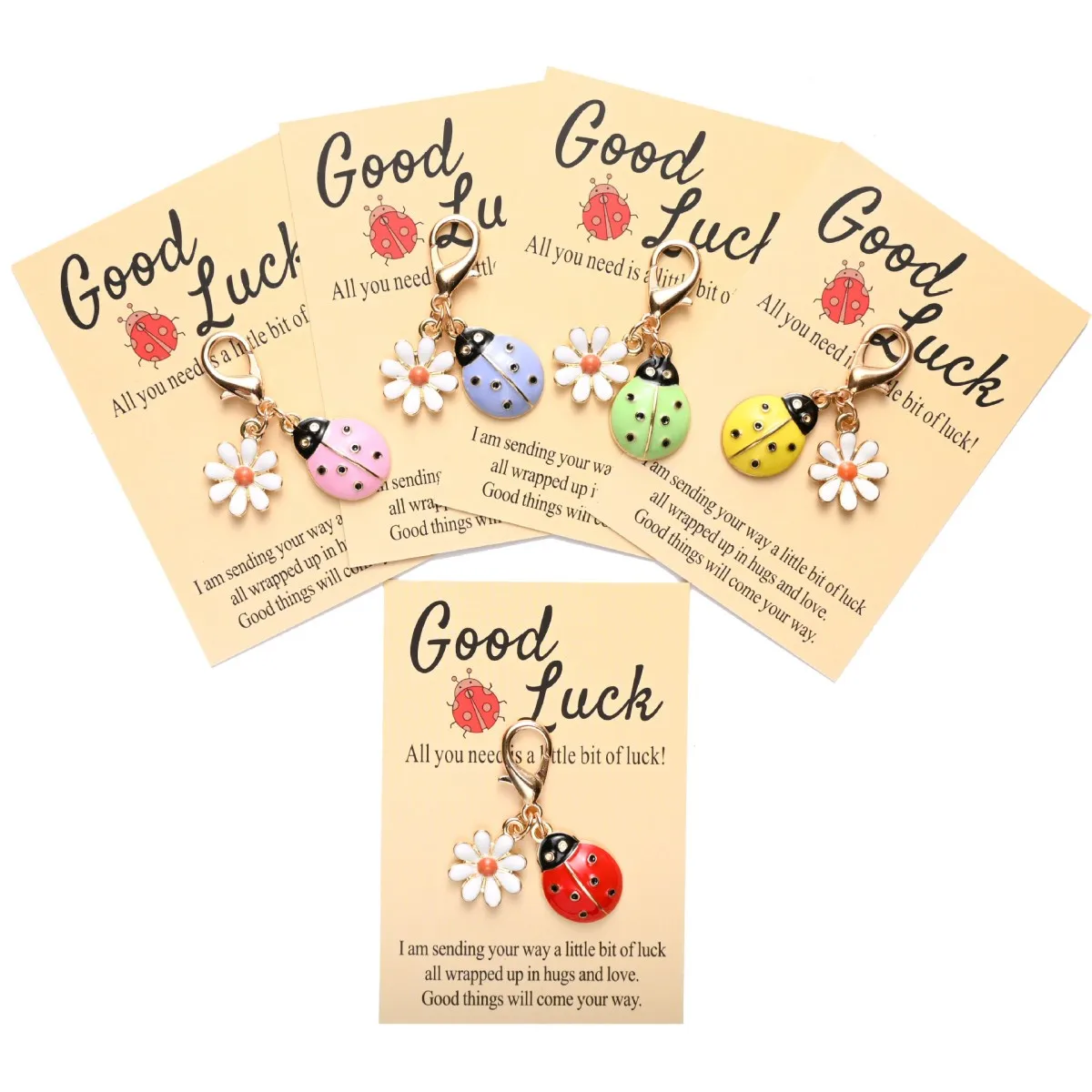 New Alloy Oil-Dripping Insect Ladybug Daisy Keychain Pendant, Holiday Gift Good Luck English Encouragement Greeting Card