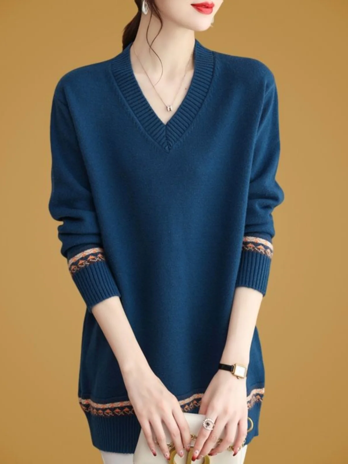 

Women's Loose Large Size Mid-Length Knitwear Faionable Versatile Base Layer Sweater Korean Sle V-Ne Long Sve