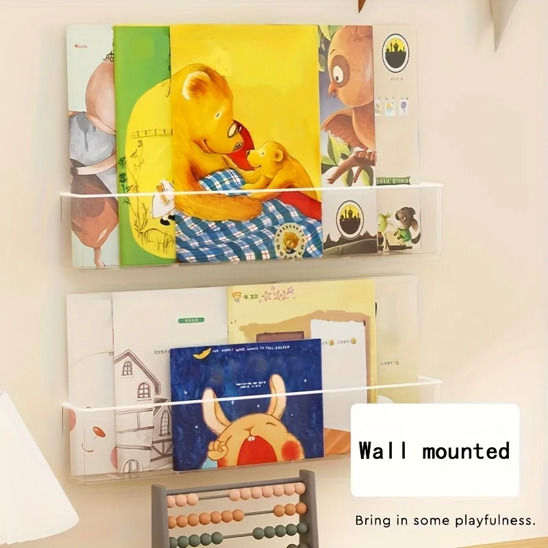 1/2 Pack Wall-Mounted Book Holder, Transparent Picture Book Display Shelf with Adhesive Backing, for Classroom, Office & Bedroom