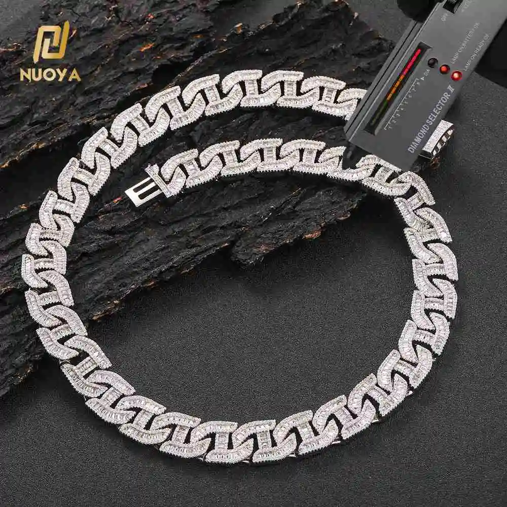 NUOYA Hip Hop Jewelry 16mm Baguette Cut Moissanite Cuban Link Chain Necklace 925 Sterling Silver Trendy Rapper Jewelry，