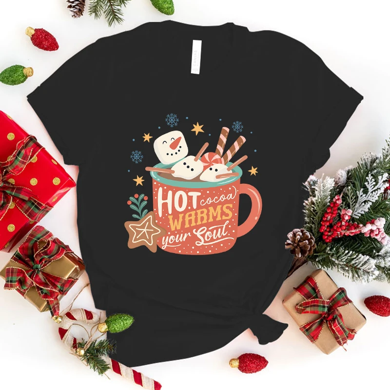 

Funny Christmas Hot Cocoa Warms Your Soul Print T-Shirt Summer Casual Graphic T Shirt Women Men Short Sleeve Round Neck Shirts