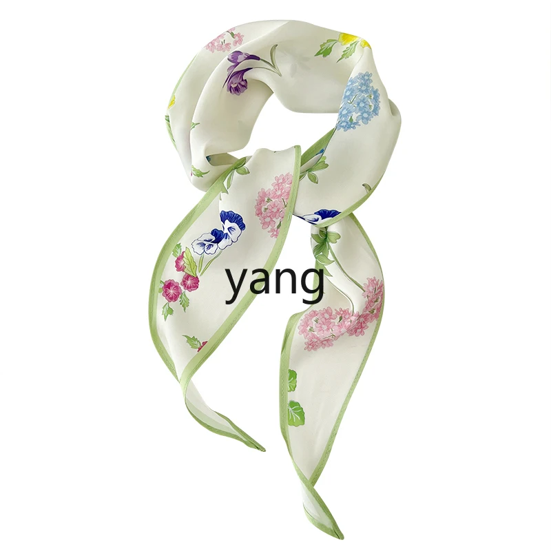 LMM Flower Small Silk Scarf Women's Summer Long Strip Hair-Binding Tied Hair All-Match High Sense