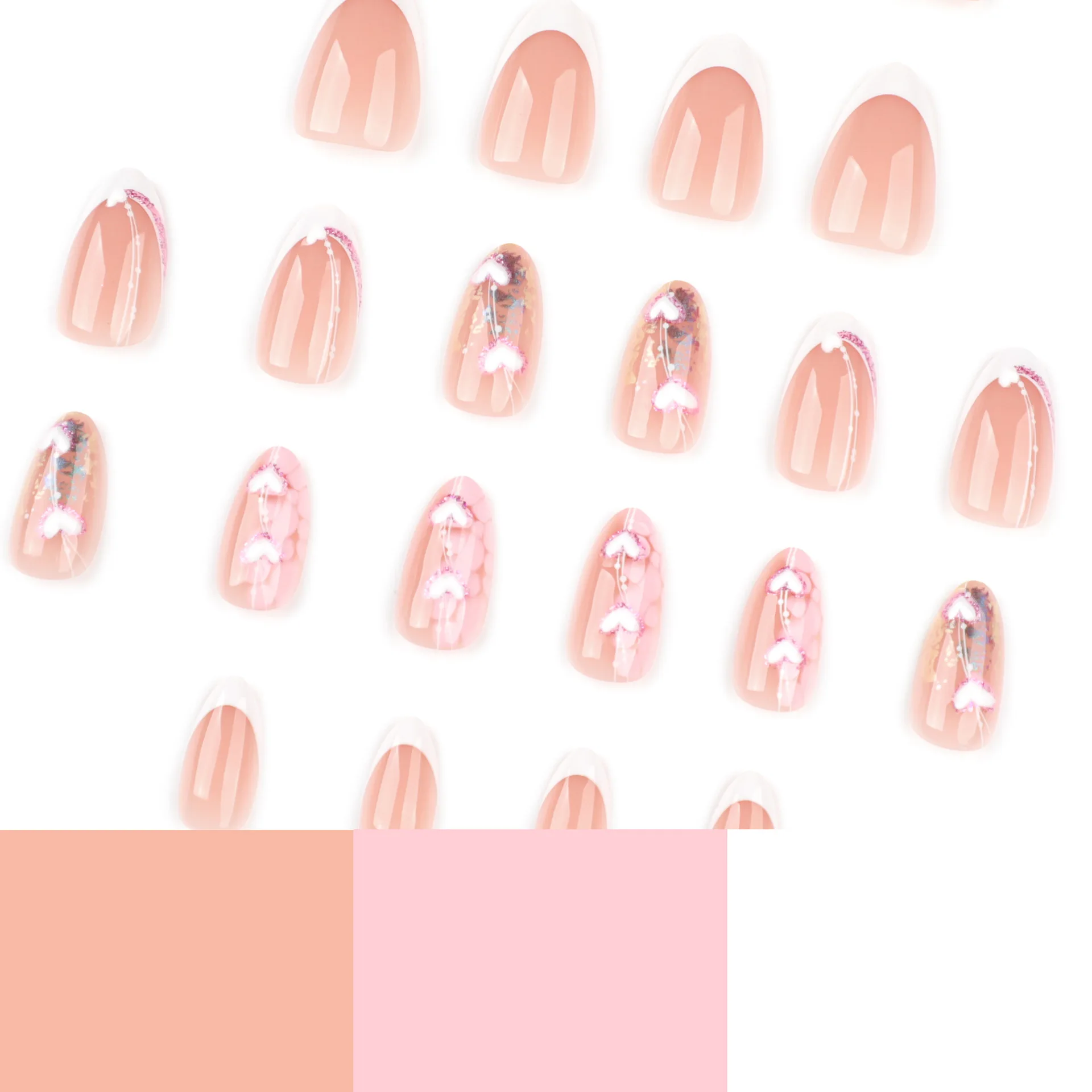 24 Uds. De uñas postizas simples, blancas, francesas, estilo almendra, 3D, en forma de corazón, desmontables, usables