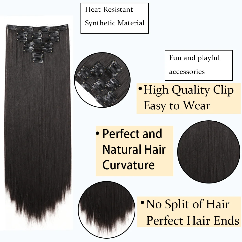 22Inch Long Straight Clip in Hair Extension  Hairstyle 16 Clips 7Pcs/Set   Synthetic  Black Brown Hairpieces  For Wom