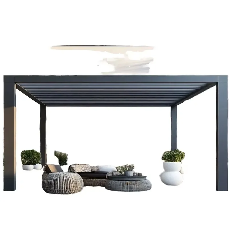 Modern Electric Aluminum Bioclimatic Pergola with LED Light Bar for Outdoor Patio Restaurant Dining Area