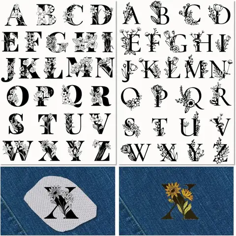 2 Sheets Floral A-Z Letters Water Soluble Embroidery Stabilizers 52Pcs Patterns Hand Sewing Stick and Stitch A4 Transfers Fabric