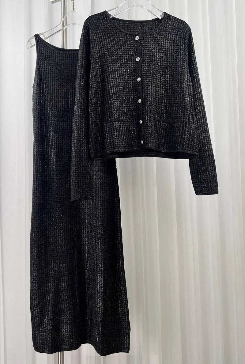 

Top Quality New Sweater Sets 2025 Autumn Winter Suit Women Lurex Yarn Knitting Cardigan Top+Mid-Calf Knitted Dress Suit 2pcs Set