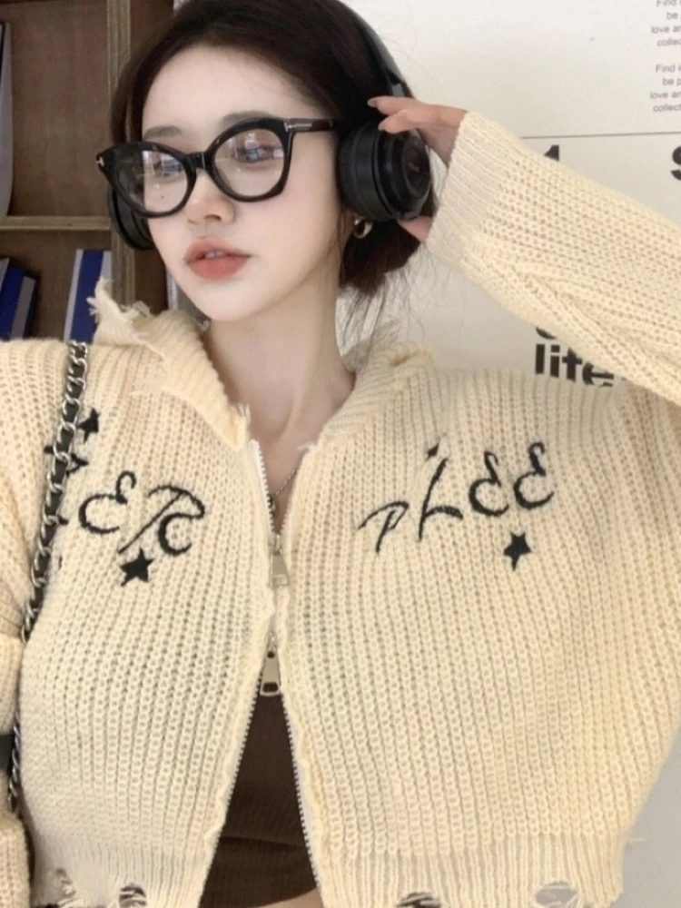 Deeptown Vintage Y2K Cropped Cardigan Women Harajuku Kpop Hollow Out Knitted Sweater Korean Fashion Zipper Knitwear Tops Grunge