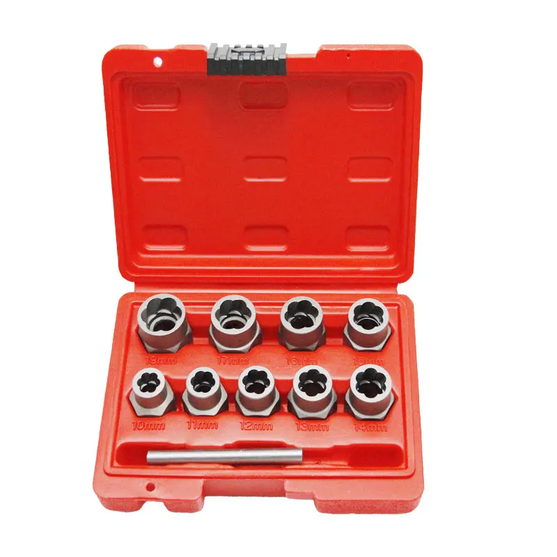 

10pc Nut Extractor 1/2 Square Hole Air Cannon Electric Wrench Use Sliding Nut to Remove Red Box Tool Set
