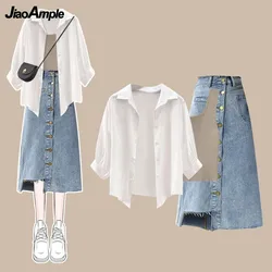 Women Summer New Fashion Chiffon White Sunscreen Shirt+Strap+Denim Midi Skirt Three Piece Suit Korean Vintage Dress Matching Set