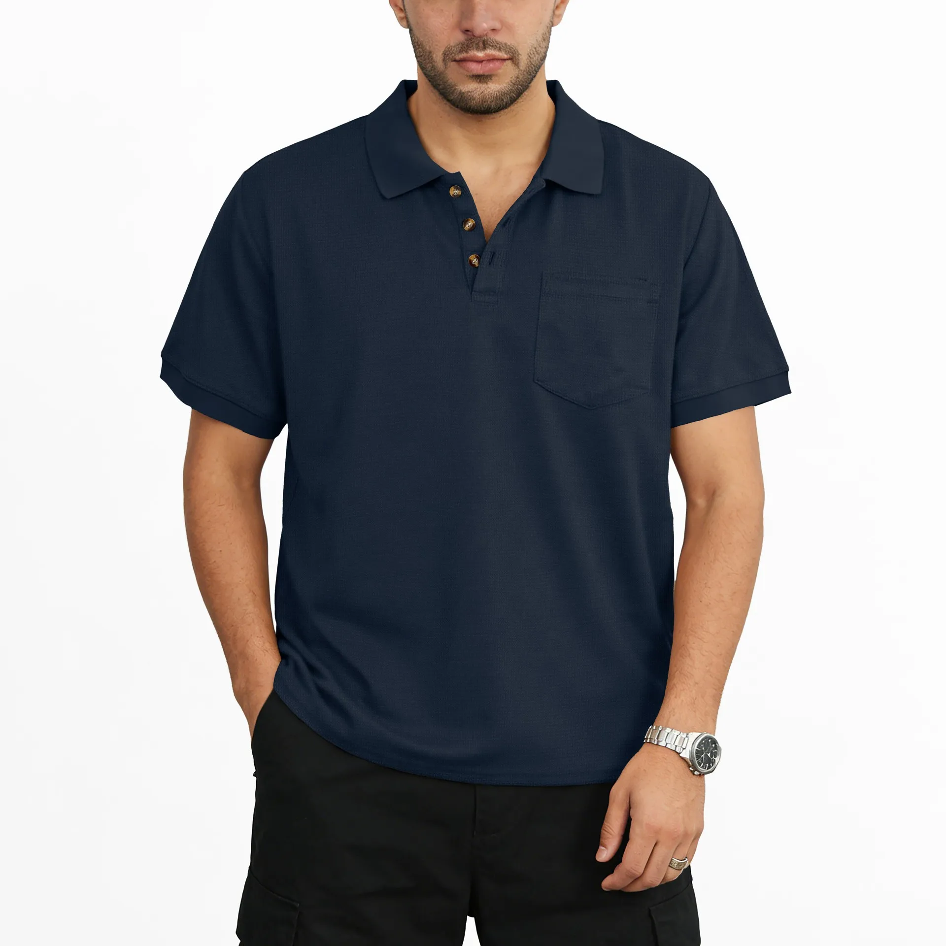Short Sleeve Waffle Knit T-shirt Slim Fit Solid Color Breathable Top with Chest Pocket Flip Collar Three Button Contrast Cuff