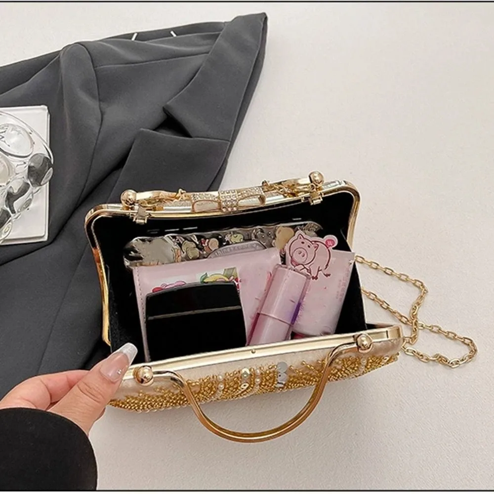Metal Top Handle Evening Banquet Bag Shiny Rhinestone Ladies Clutch Bag Large Capacity Glitter Tassel Shoulder Bag Wedding