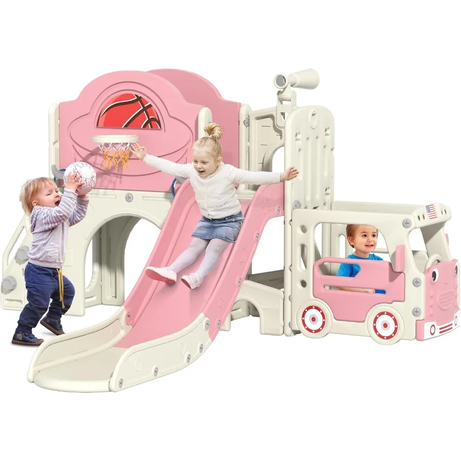9 in 1 Toddler Slide BusThemed Slide and Climber Playset with Basketball Hoop RingToss Car Playhouse Telescope Freestanding Ind