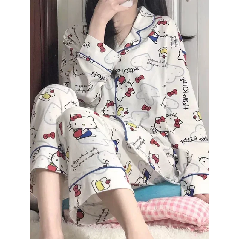 Sanrio Hello Kitty Autumn Cotton Women\'s Pajamas Long Sleeves Pants Two-piece Cartoon Loungewear Casual Silk Pajamas Women