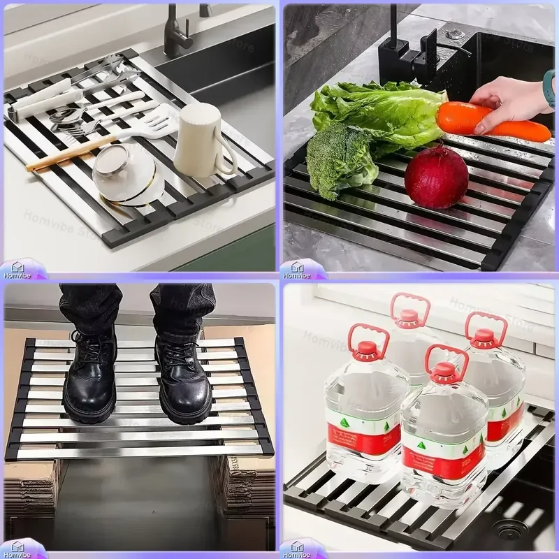 for YM 304 Stainless Steel Kitchen Sink Drain Rack Foldable Anti-scald Retractable Dish Storage Basket Shelf Bowl Organizer