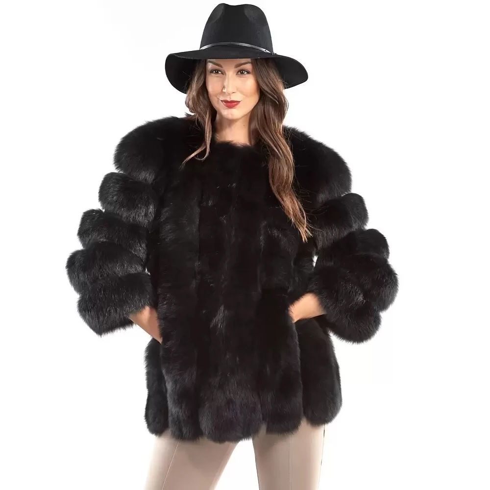 Winter Womens Real Fox Fur Coat Trendy Natural Fur Warm Mid-Length Jacket Overcoats Female Full Pelt Genuine Fur Outwear