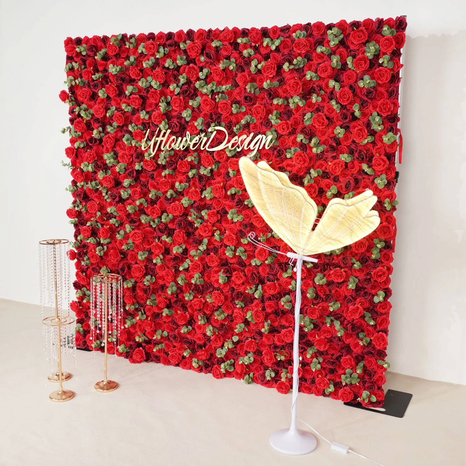 Uflower Design Royal luxury Red Rose greenery Curtain Cloth Flower Wall Outdoor Wedding Backdrop Decoration Events Prop Display