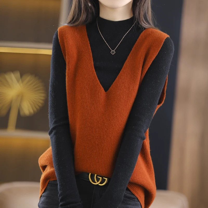 2022 Spring Autumn Women\'s 100% Pure Wool Knitted Vest Solid Loose Sweater Waistcoat Female Large Size Pullover Sleeveless Tops