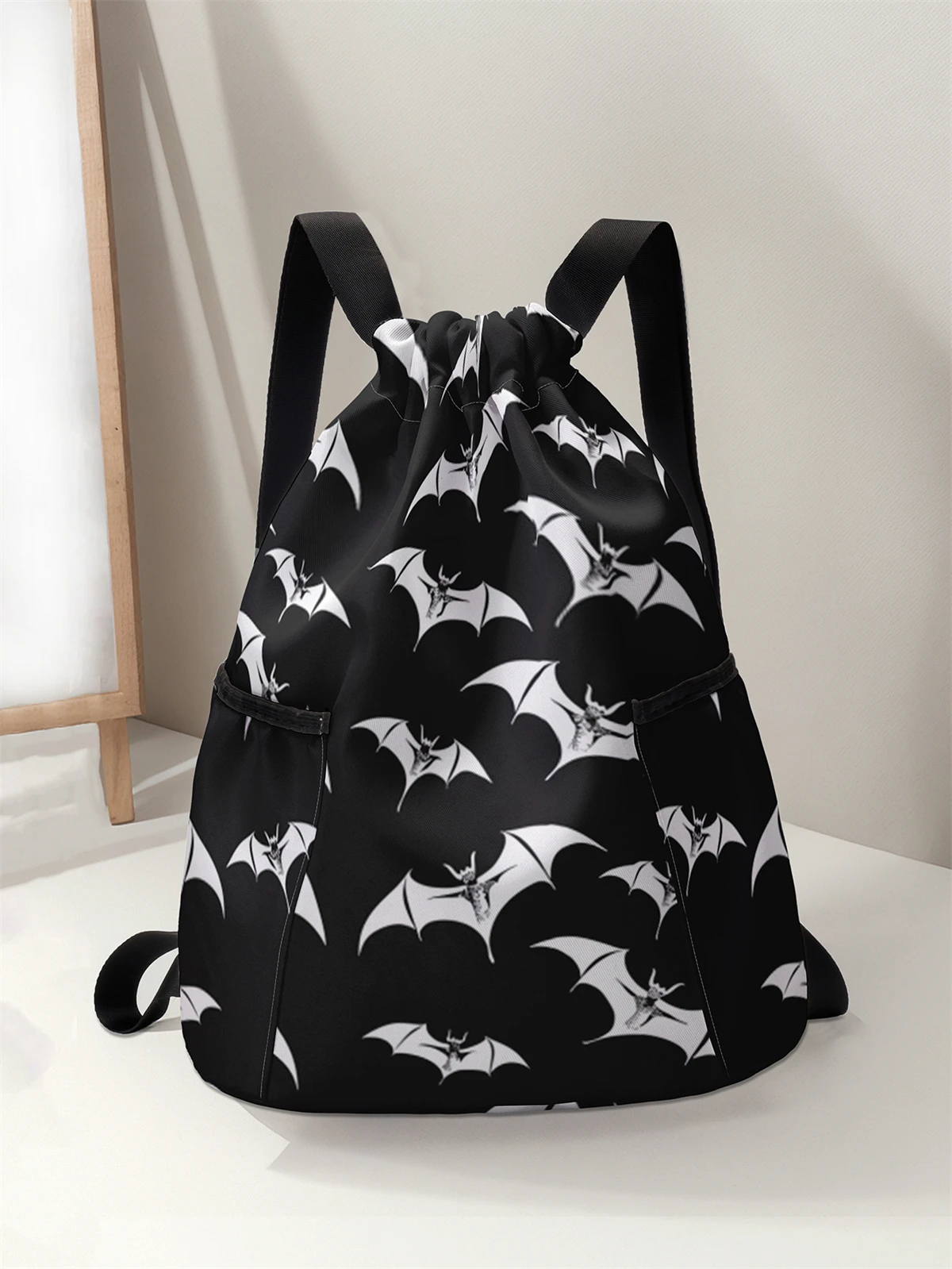 

Bat Pattern Drawstring Backpack - Large Capacity Durable Fitness Bag, Adjustable Shoulder Straps, Sports Beach Backpack