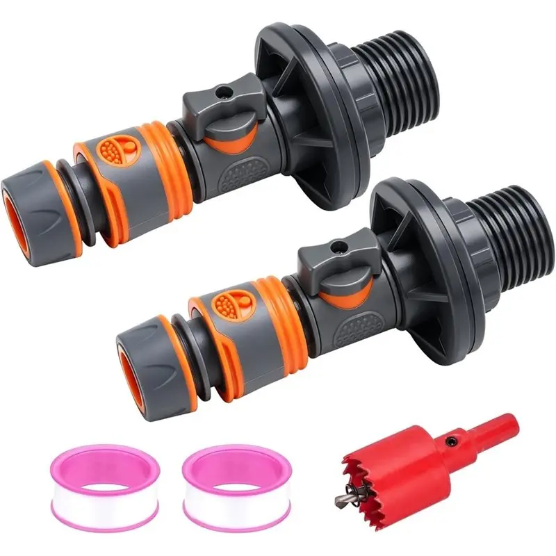 EYFL-Water Butt Feed-Through With Stopcock, Tank Fitting 3/4 Inch X 16 Mm Male Thread & Quick Connector (Pack Of 2)