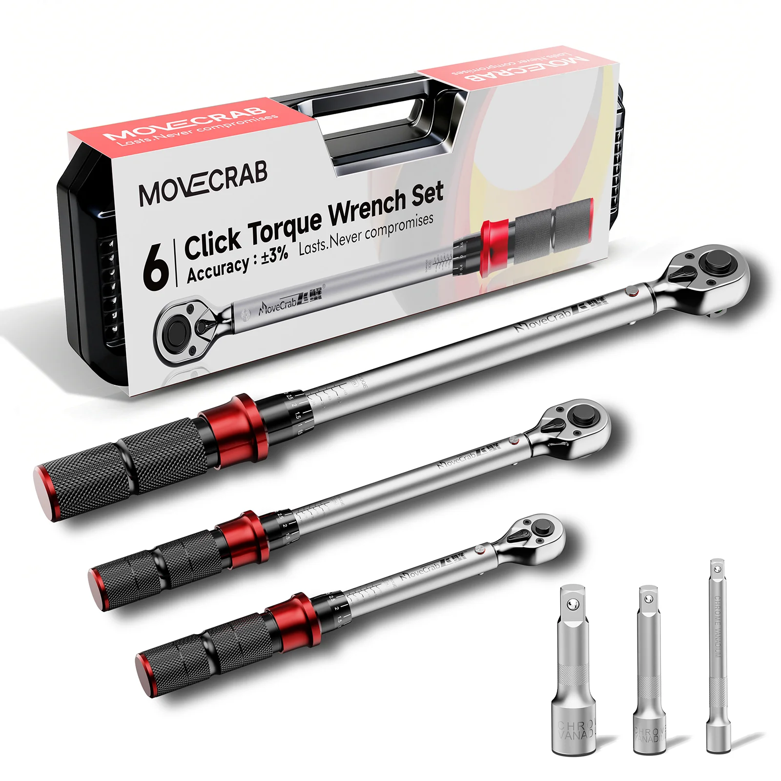 Jeu de clés dynamométriques mécaniques Movecrab 6 pièces 5-220 avec 3 rallonges pour vélo, moto, auto, kit d'outils de réparation industrielle