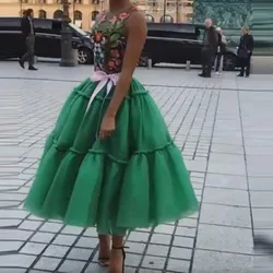Green Tulle Tutu Skirt Ruffles Layered Ruffles Tulle Mid-Calf Skirt Puffy Long Maxi Skirts Women Formal Wear
