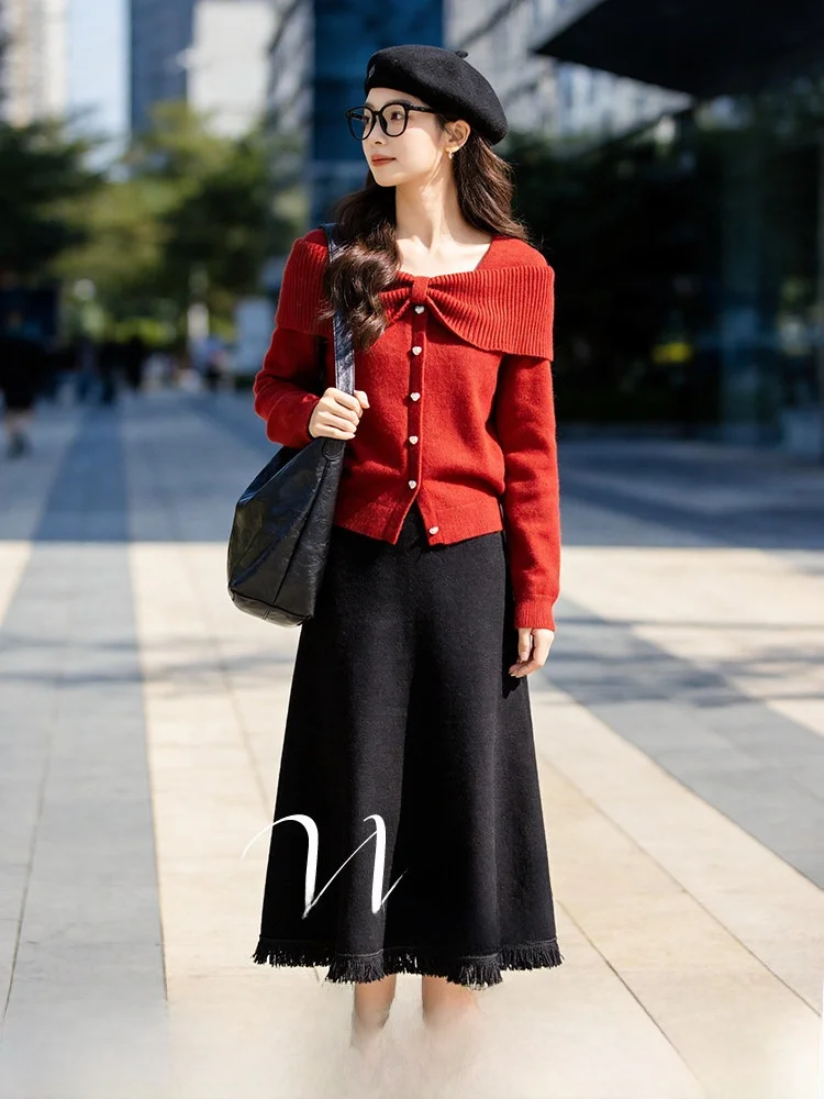 

Faionable Knitted plus Size Women's Set High Waist A-Line Skirt Long Sve Top Spring Season Slimming Effectiven