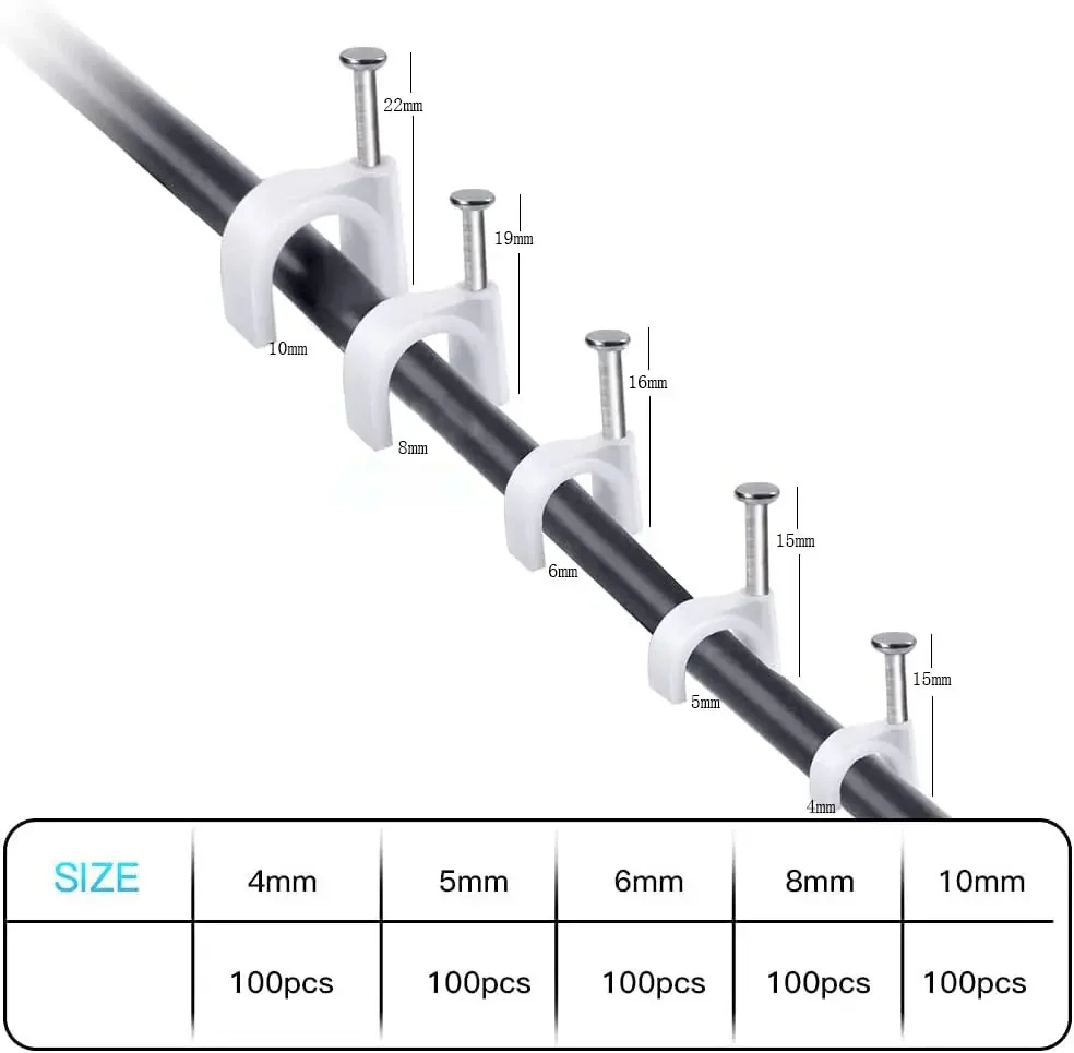 100PCS Round Cable Clips 3/4/5/6/7/8/9/10 mm C Shaped Management Cord Tie Circle Wire Wall Holder Nylon Carbon Steel Nails Line