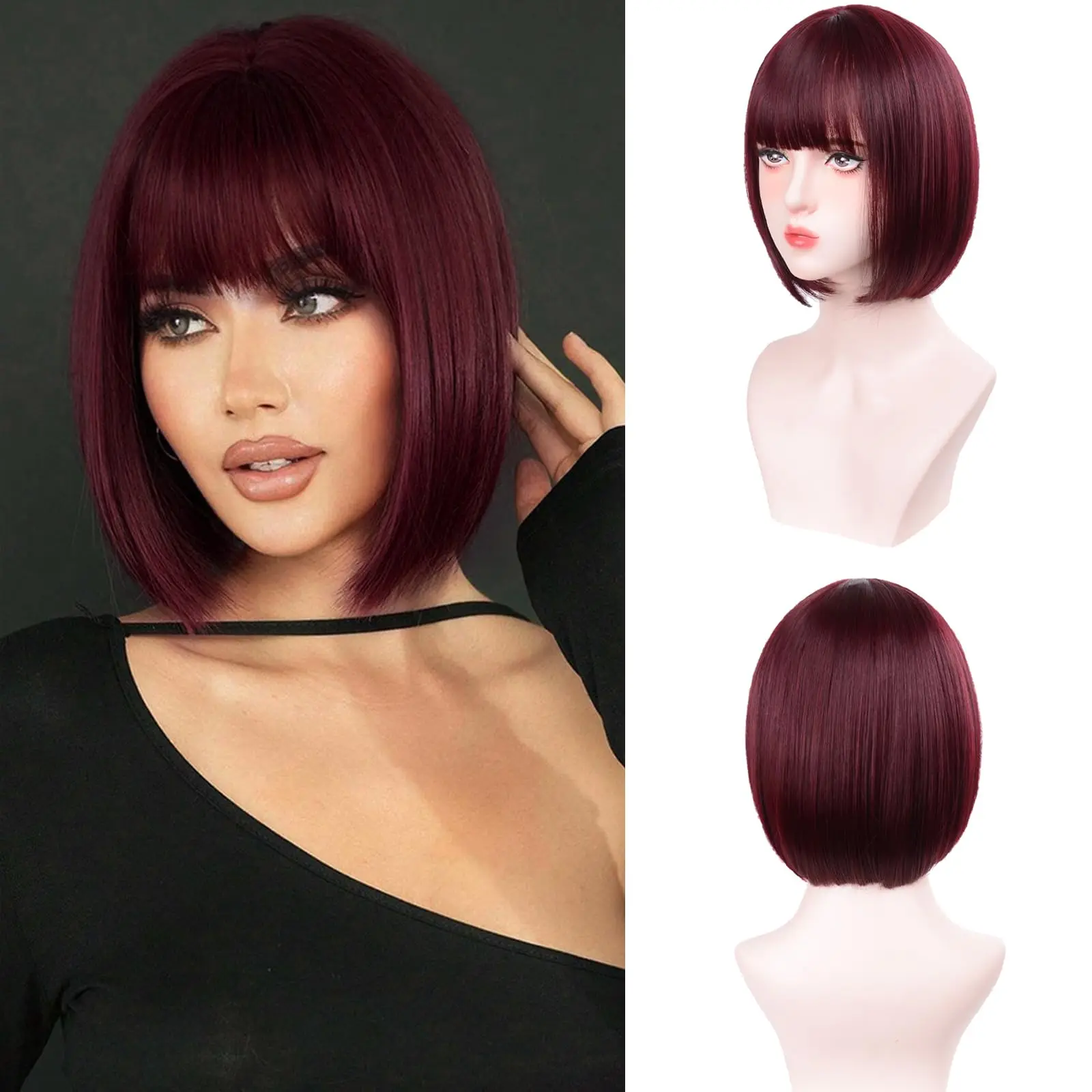 

Винно-красная прическа боб, синтетический парик для Хэллоуина, парик для косплея, повседневный высокотемпературный аксессуар для волос