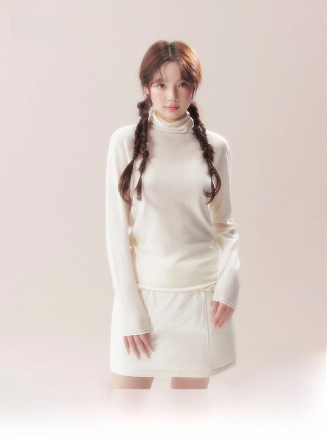 

AooRaa Original Design Pure Wool Base irt f High Collar White Dr Island Sweet Sle Knitted Sweater for Women