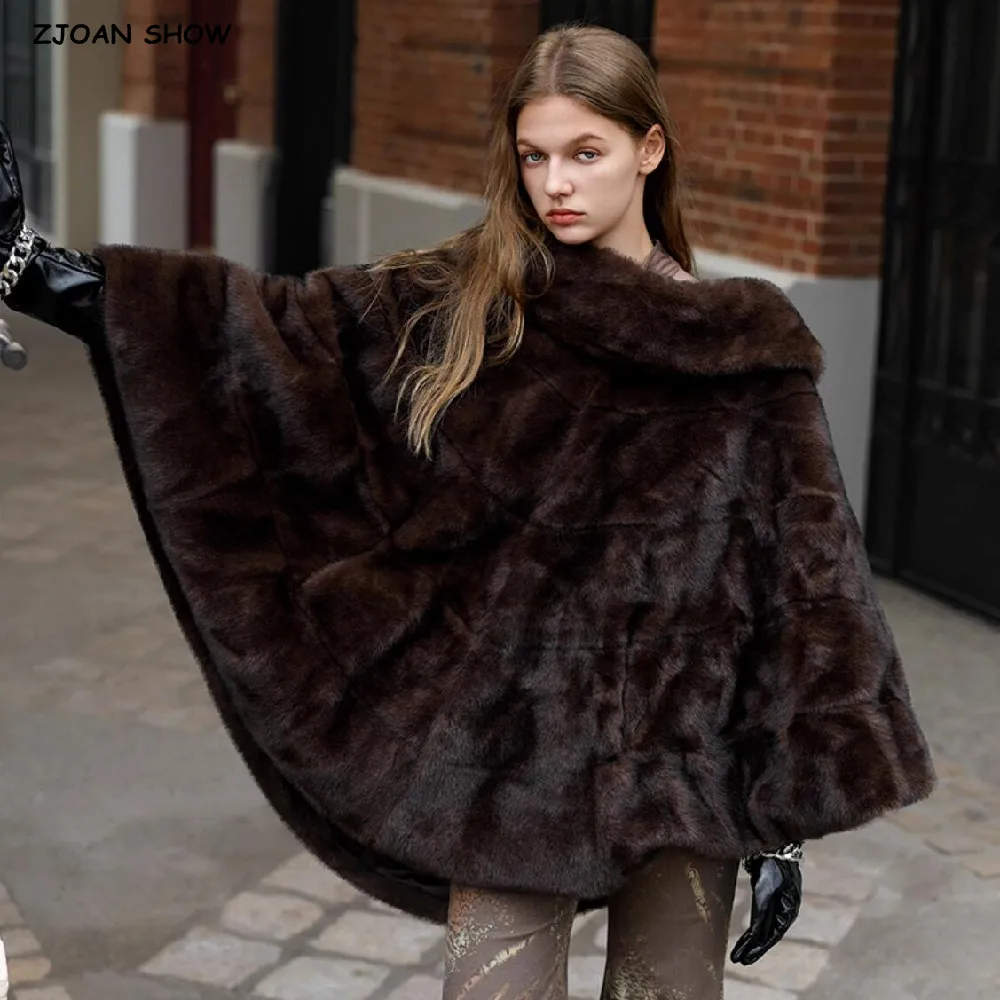 Vintage New Winter Faux Mink Fur Cape Coat CHIC Women Stand Collar Warm Shawl Loose Midi Long Oversized Outerwear Dark Brown