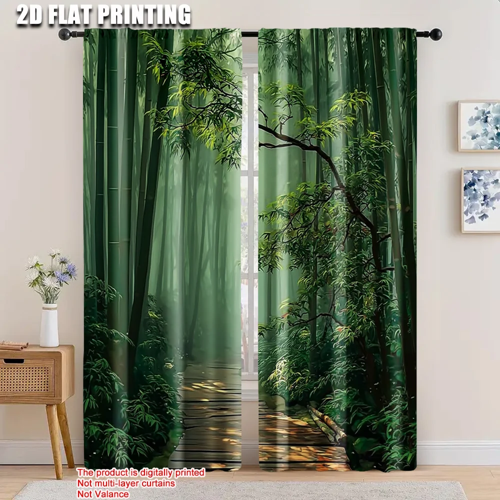 2pcs 2D flat printing Scene Curtains Bamboo Forest Path 100% Polyester Without Electricity Versatile for Outdoor and Home Garden