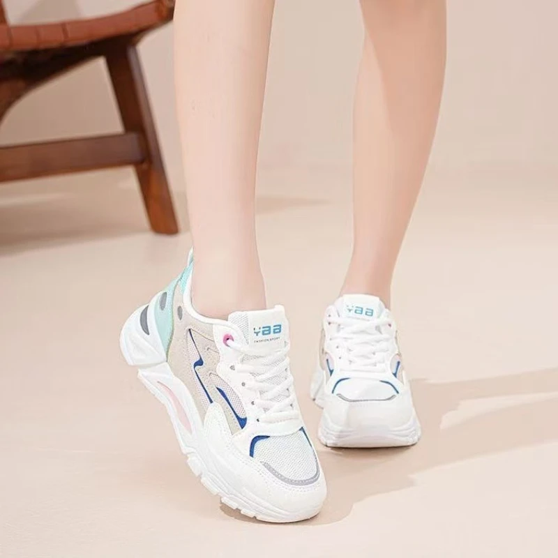 

2026 New Leisure Fashion Women's Sport Shoes Color Block Thick Sole Lace-up Running Woman Shoes White Sports Walking Flats Shoes