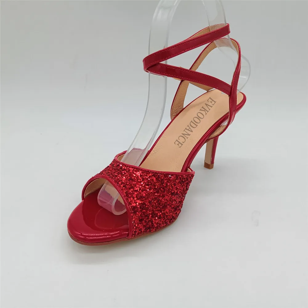 Evkoodance New Red Women Glitter Tango Shoes 9CM Heel Comfortable Latin Ballroom Dance Shoes for Tango Competition Wedding Party