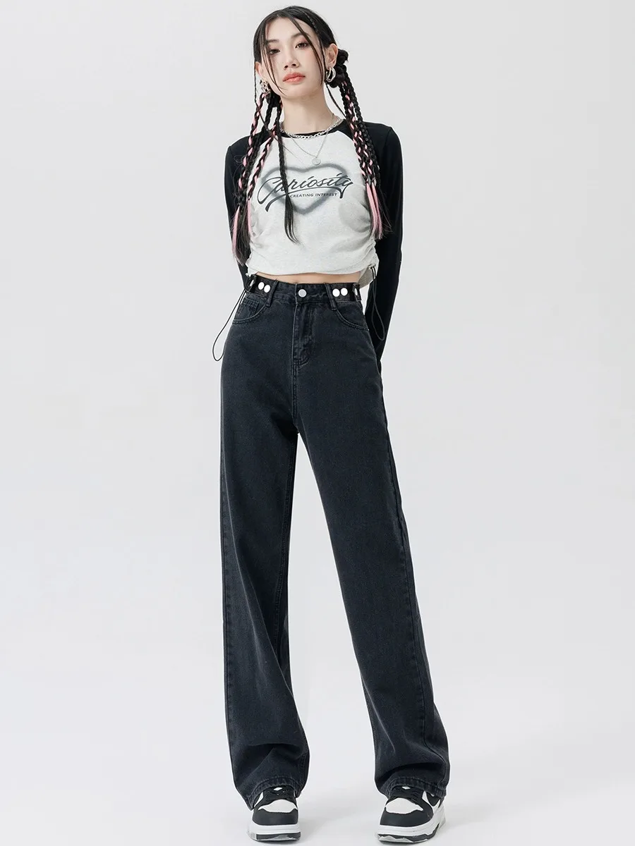 

High Waist Wide Leg Denim Jeans Women's Loose Fitting Floor Length Slimming Small Stature Dragging Pants Bla ey Autumn Ne...