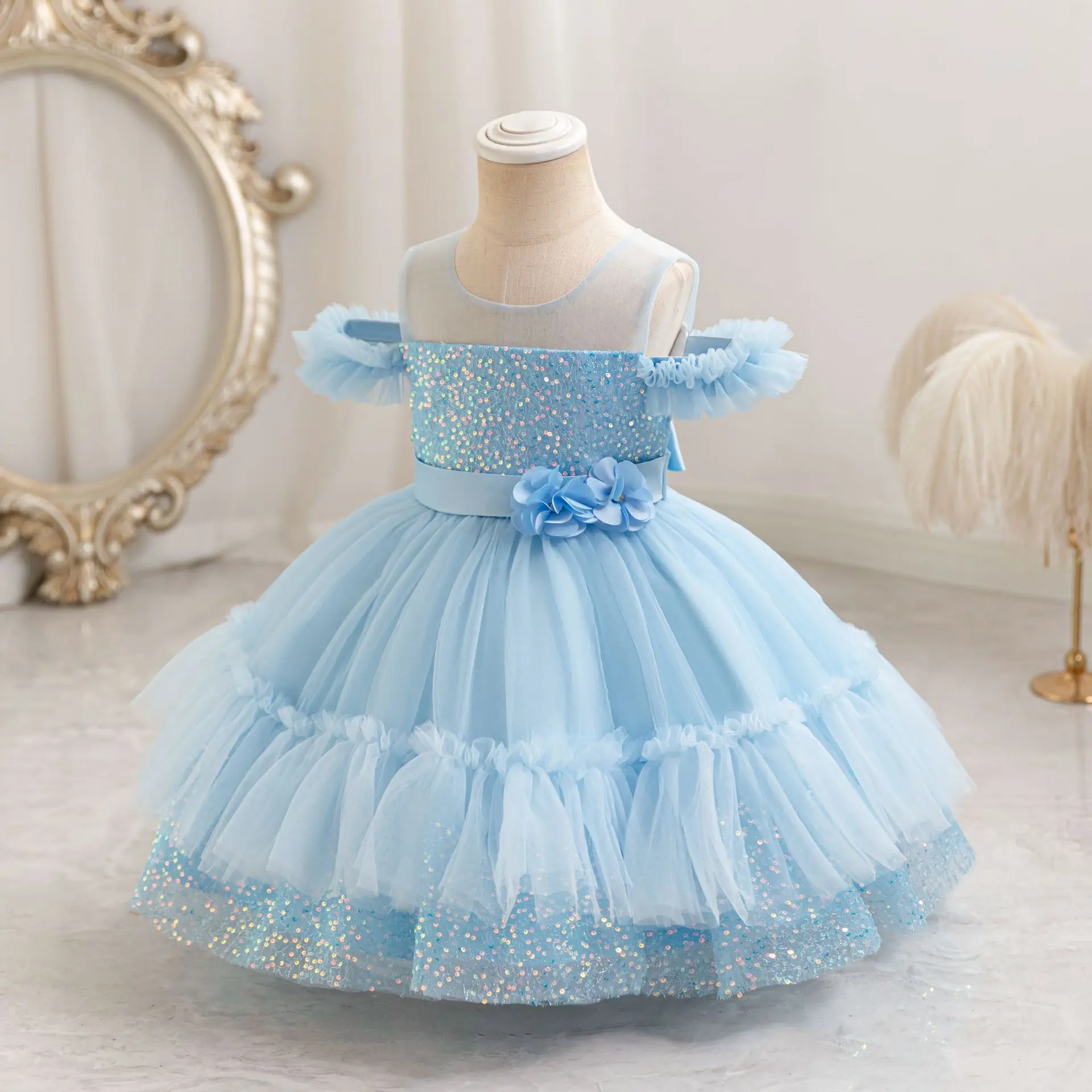 HETISO Toddler Baby Sequin Party Wedding Dresses 1 Year Birthday Tutu Princess Gown For Child Lace Layered Cute Bow 2 4 Years