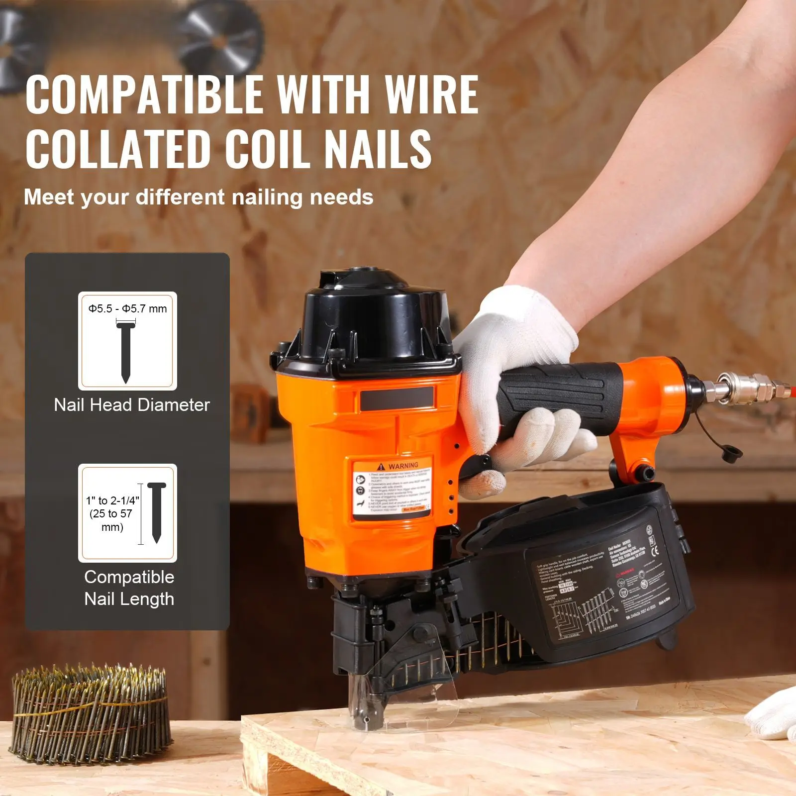 Coil Siding Nailer MCN55, 1 inch to 2-1/4 inch 15 Degree Pneumatic Siding Nail Gun, 70-120PSI Air Coil Nailer for Siding, Pallet