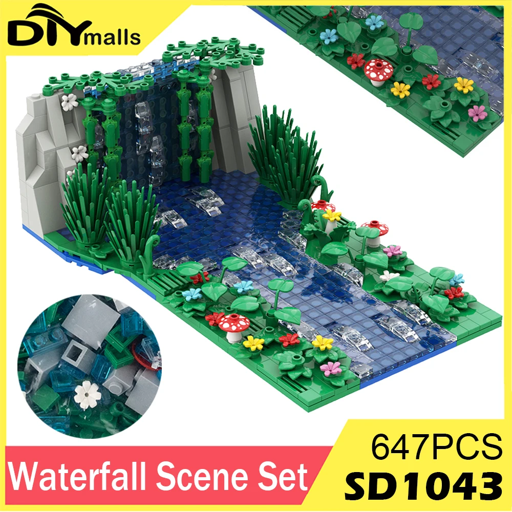 

647PCS Waterfall Scene Set Building Blocks with Pond Mushroom Flowers MOC Creative Assembling Brick Educational Toy Gift for Kid