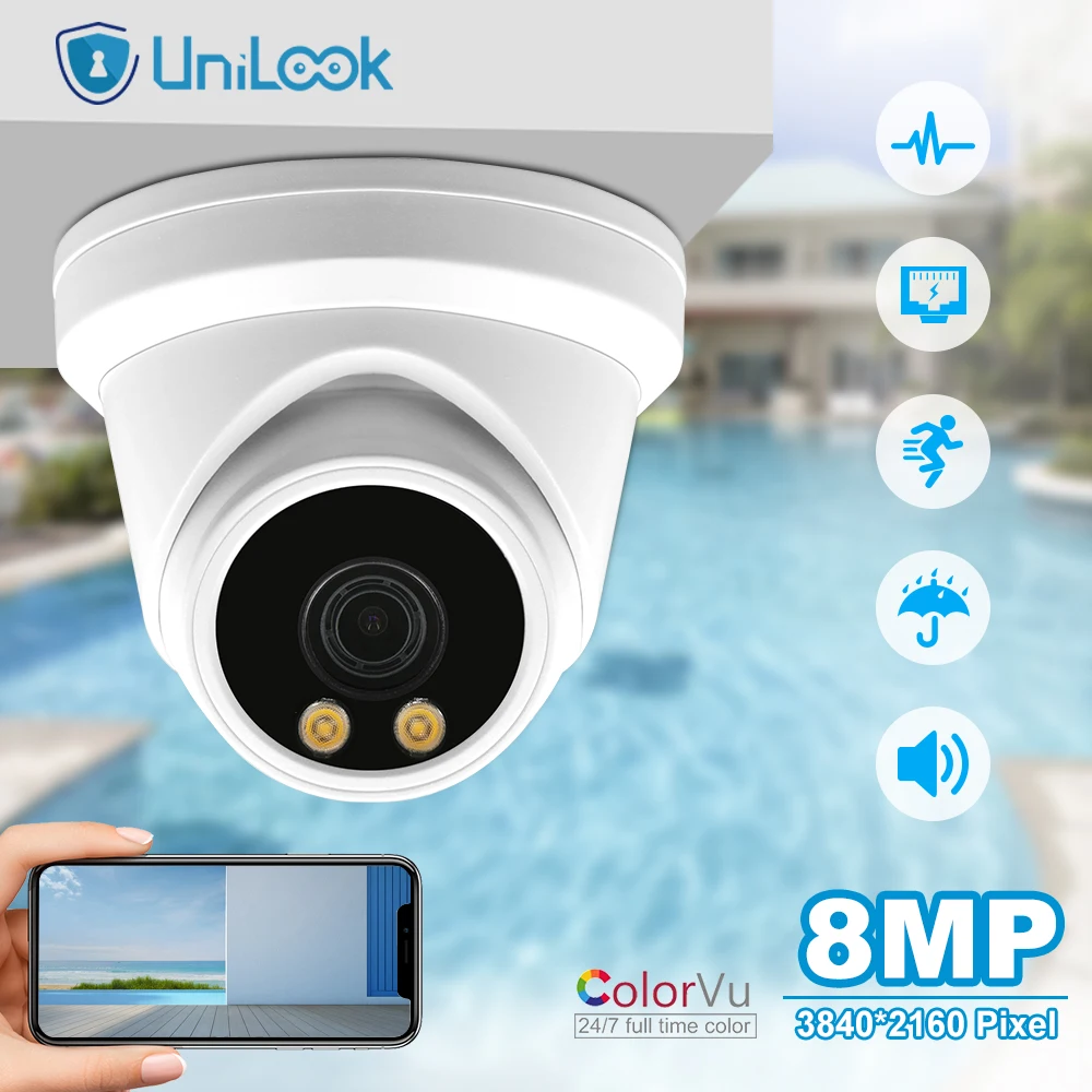 

UniLook 8MP ColorVu IP Camera Full Color POE Turret Super Colorvu Built-in Microphone Audio Security Night Vision Camera H.265